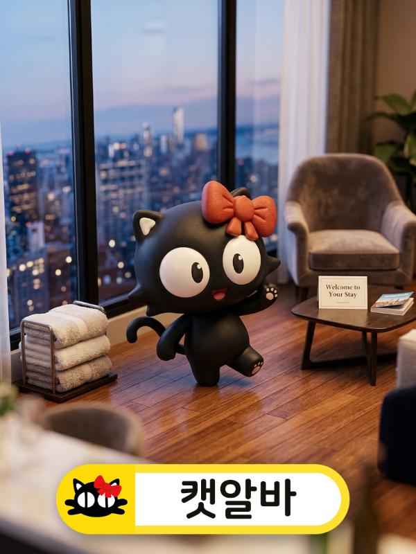 숙소 지원과 쾌적한 환경에 신나서 춤추는 선택된 캐릭터