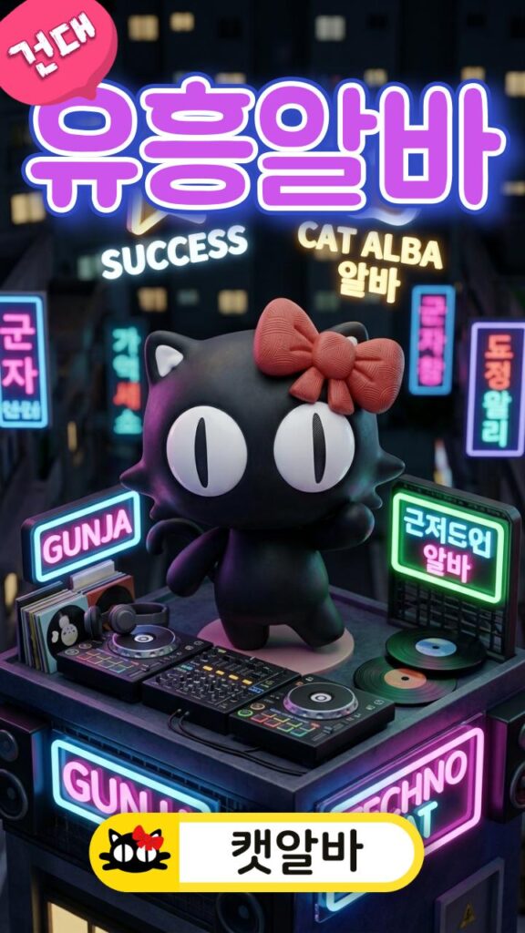 군자 DJ 부스 미니어처 무대에서 캣알바 성공 브랜딩과 춤추는 캐릭터