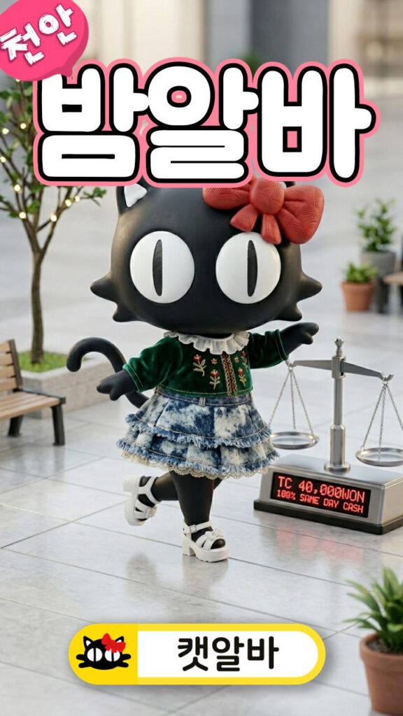 화사한 미니어처 정산소 무대에서 매장의 밀림 없는 100% 당일 즉시 정산 및 시간당 TC 보장 수익을 강조하며 춤추는 캣알바 캐릭터