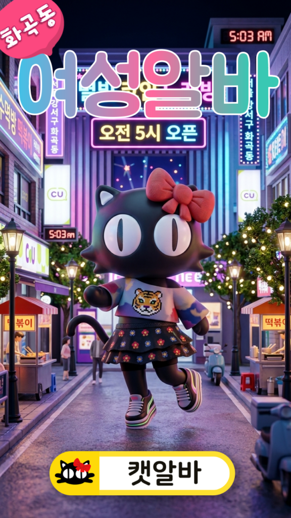 서울 강서구 화곡동 중심 상권 새벽 5시 오픈하는 노래방 매장 미니어처 배경 무대에서 파격적이고 여성스러운 힙 캐주얼 치마를 입고 춤추는 캣알바 캐릭터